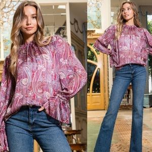 Ruffle Cuff Smocked Neck Gold Sparkle Stunning Paisley Design Top!